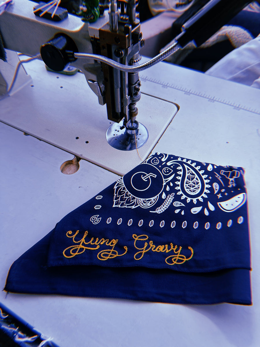 Yung Gravy bandana under the chainstitch machine