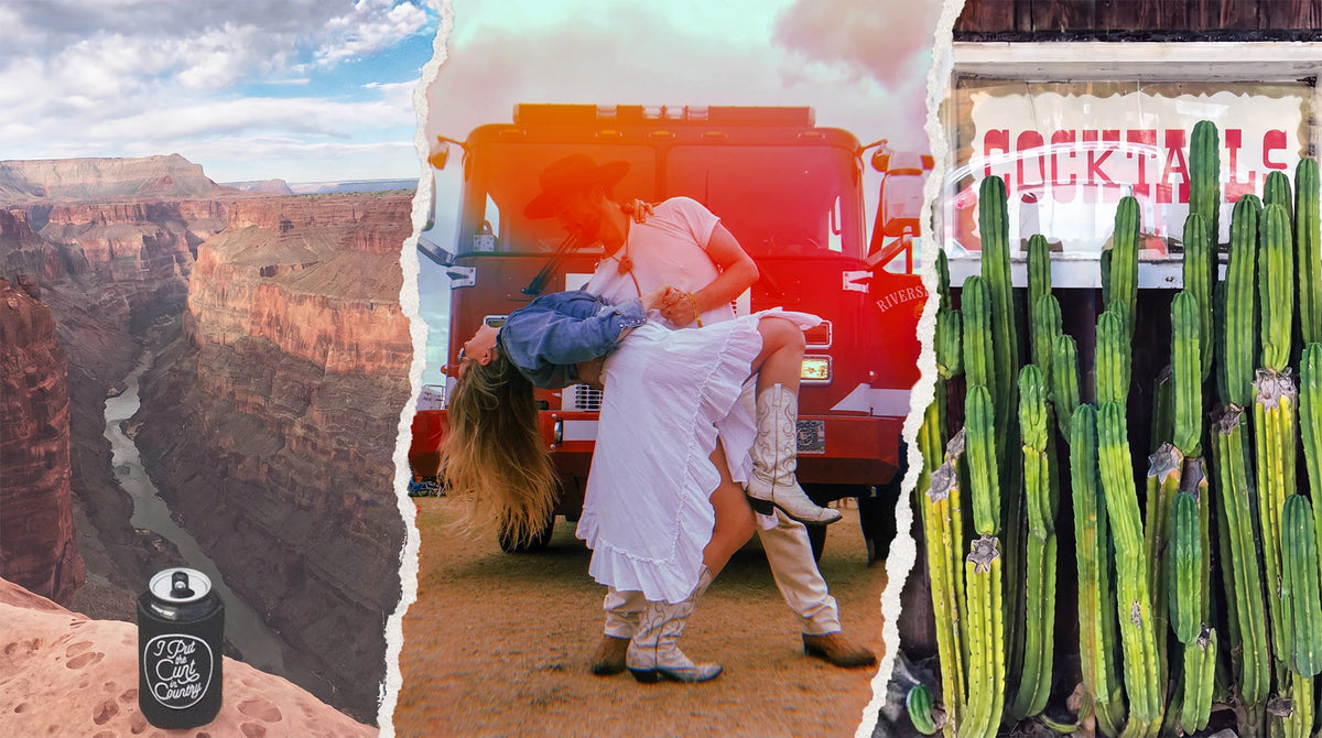 Grand Canyon, Jon dipping Jada in front of a fire truck, and cactus outside a cocktail bar